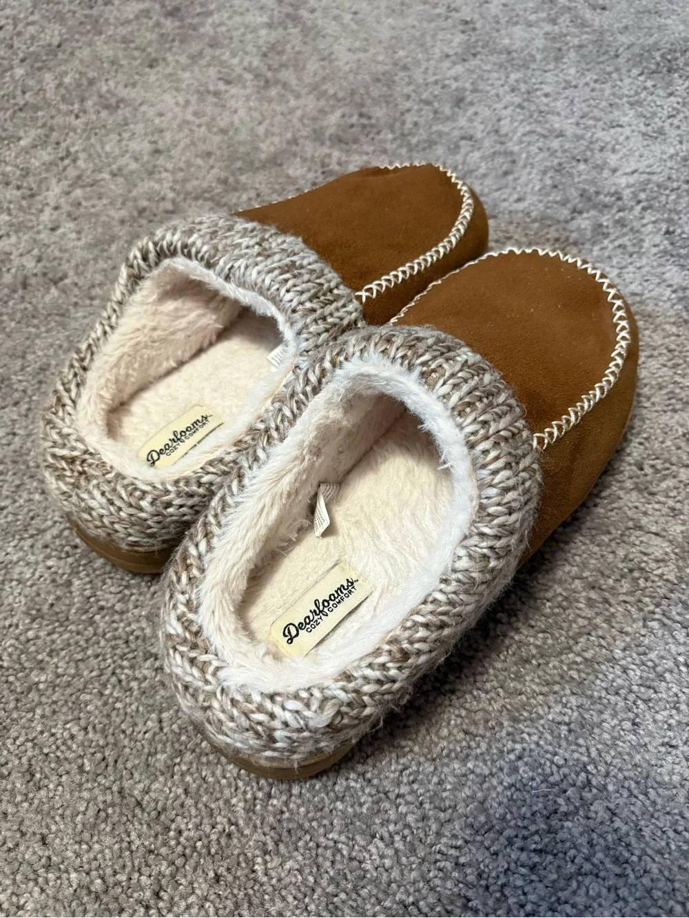 Dearfoams Brown slippers with white zigzag stitching, worn Size XL US 11-12